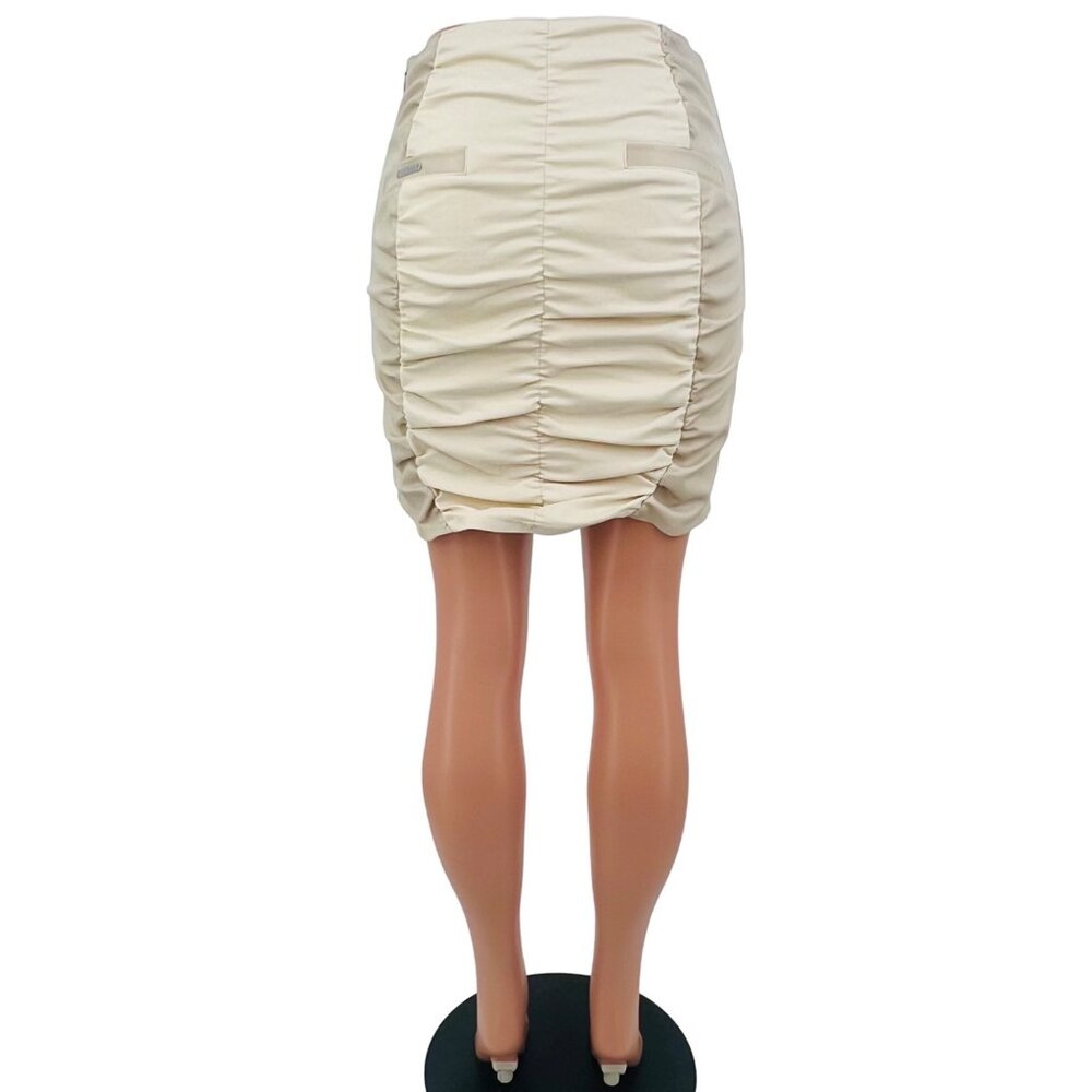 maniere de voir Beige Cream Ruched Vegan Leather Mini Skirt - Picture 7 of 16